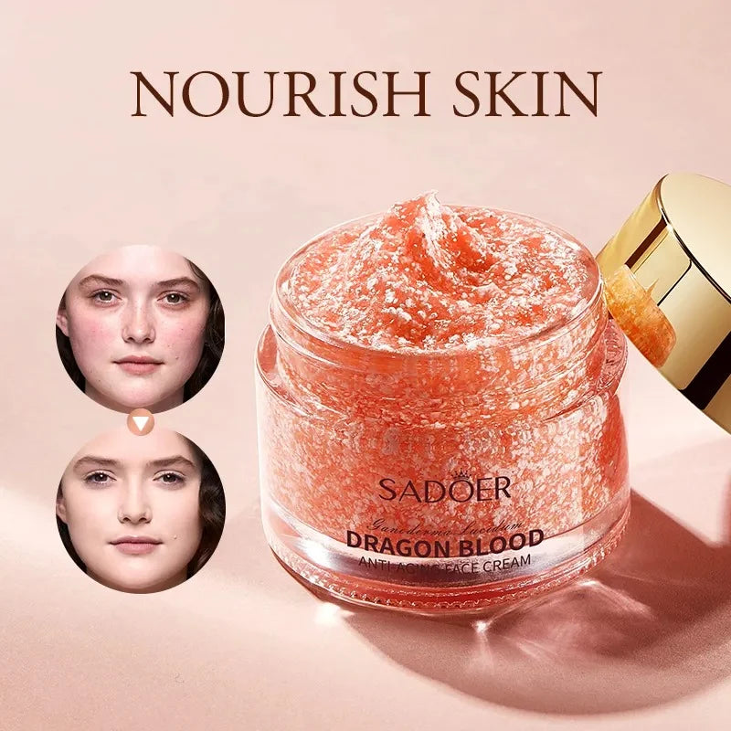SADOER Dragon Blood Face Cream open jar with pink-orange gel-like texture and gold-colored lid