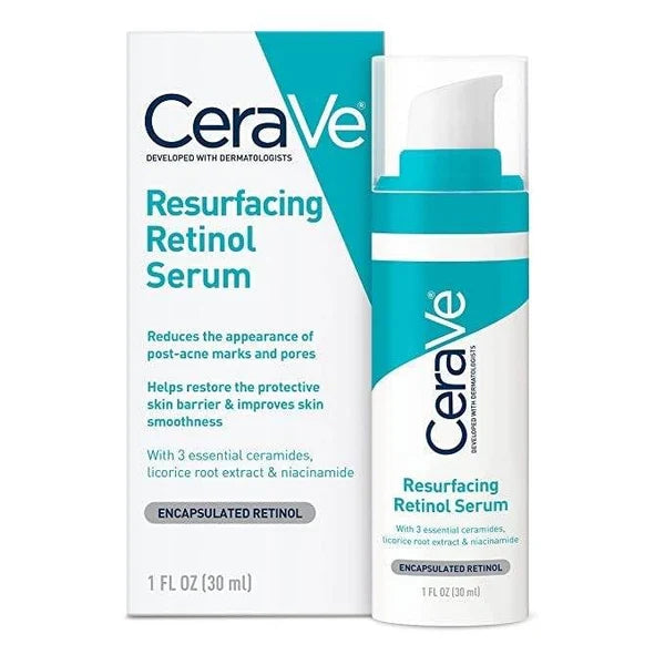 CeraVe Resurfacing Retinol Serum 30 ml pump bottle and box with teal labels