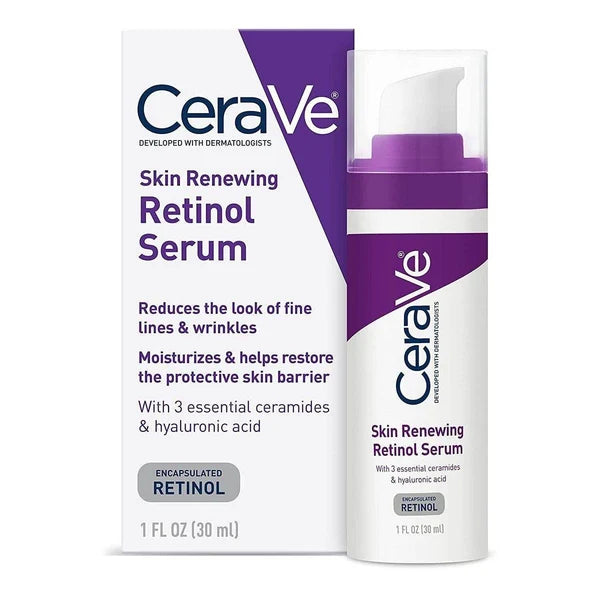 CeraVe Skin Renewing Retinol Serum 30 ml pump bottle and box with purple labels