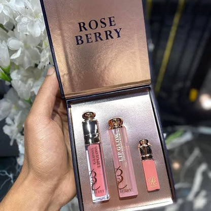 🌸 ROSE BERRY NATURAL GLOW LIP GLOSS 3‑PIECE COMBO 🌸