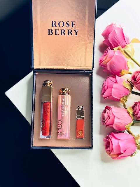 🌸 ROSE BERRY NATURAL GLOW LIP GLOSS 3‑PIECE COMBO 🌸