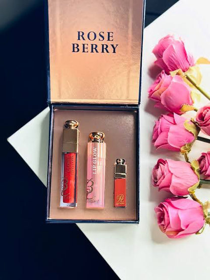 🌸 ROSE BERRY NATURAL GLOW LIP GLOSS 3‑PIECE COMBO 🌸